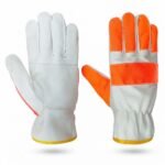 White Leather Safety Gloves With Orange Palm And Wrist Protection Breathable Unlined For Outdoor Use